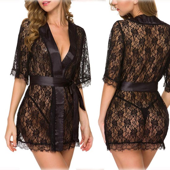 Cross -border supply European and American foreign trade sexy underwear sexy female lace hollow sleeping robe sex set wholesale