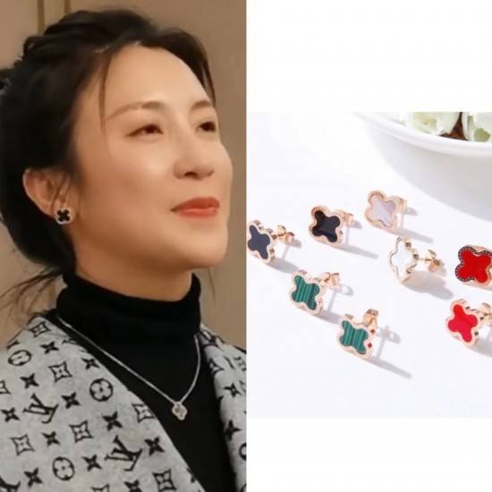 Korean version of simple 18K lucky four -leaf grass shell earrings titanium steel plating gold earrings cross -border hot selling earrings