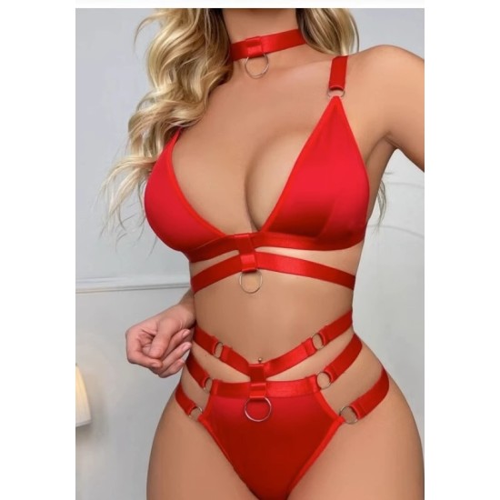 European and American new sexy underwear sexy chain patent leather flirting hot bed Passion -style jacket three -point temptation