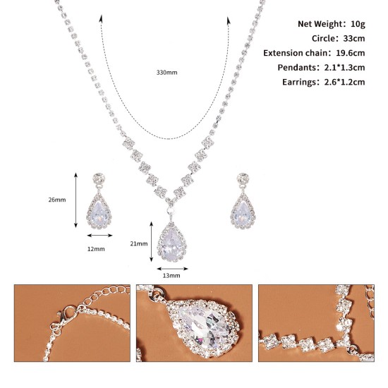 Korean version full of drilling water drop earrings evening dress chain accessories vermiculite small square bride wedding earrings necklace set