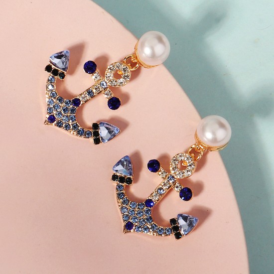 Cross -border new fashion earrings Marine wind blue rhinestone bride earrings Personal versatile versatile anchor -shaped earrings female