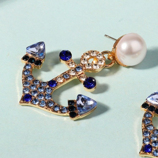 Cross -border new fashion earrings Marine wind blue rhinestone bride earrings Personal versatile versatile anchor -shaped earrings female