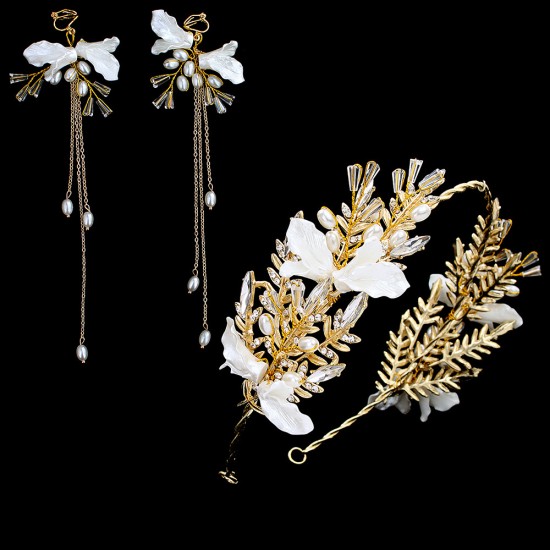 Korean -style bride jewelry wedding crystal head, flower alloy earrings crown exquisite dress pearl ear clip hair set