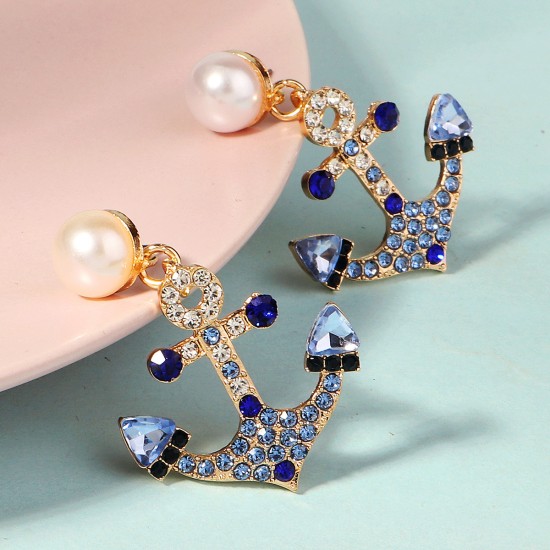 Cross -border new fashion earrings Marine wind blue rhinestone bride earrings Personal versatile versatile anchor -shaped earrings female