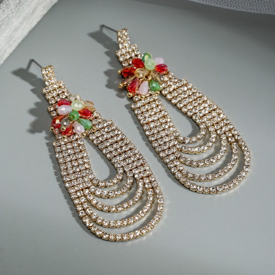 Cross -border new net red tassel earrings female high -level sensory flower rhinestin earrings temperament Posamia long earrings