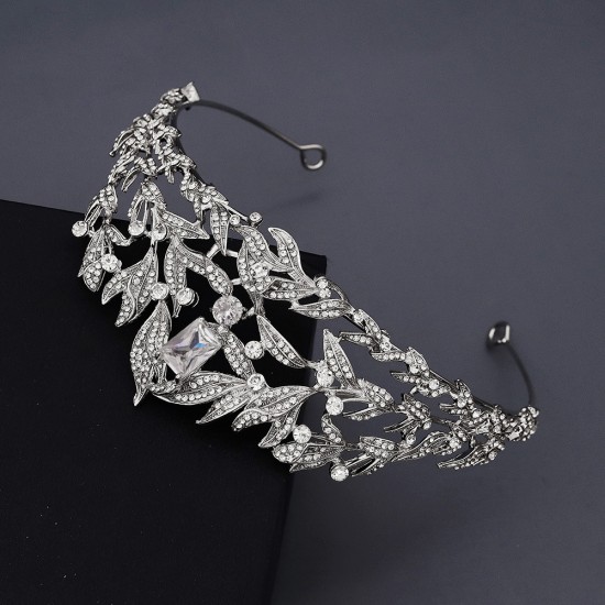 European and American luxury bride hair accessories high -end vermiculite rhinestone crown retro alloy leaf hair hoop wedding dress headwear