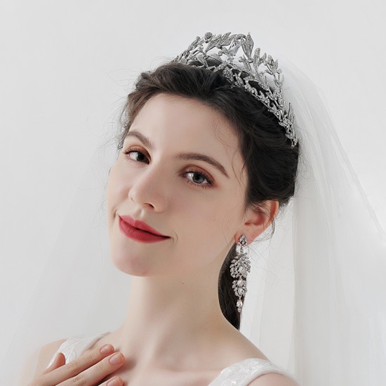 European and American luxury bride hair accessories high -end vermiculite rhinestone crown retro alloy leaf hair hoop wedding dress headwear