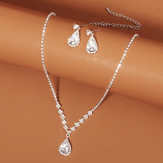 Korean version full of drilling water drop earrings evening dress chain accessories vermiculite small square bride wedding earrings necklace set