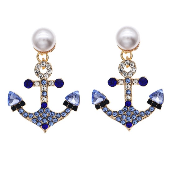 Cross -border new fashion earrings Marine wind blue rhinestone bride earrings Personal versatile versatile anchor -shaped earrings female