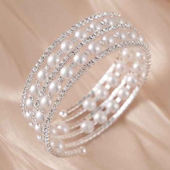 European and American new rhinestone pearl bracelet women high -level feel hand -made elastic bracelet Fashion versatile wide version open bracelet