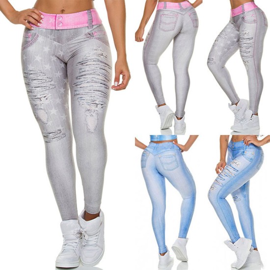 Imitation denim pornographic sports casual leggings slimming high waist yoga pants yj2017