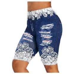 Wish new summer high -waisted high elastic imitation denim printing training yoga pants leggings female yi280