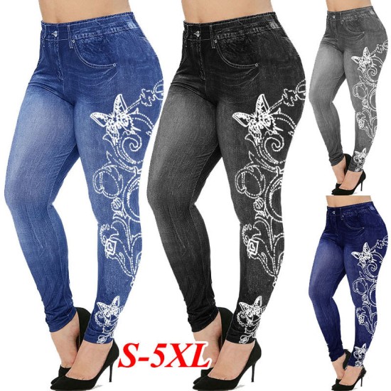 Wish Ms. High waist elastic slim waxy waist printed imitation denim yoga trousers fitness women's pants bottom pants NM