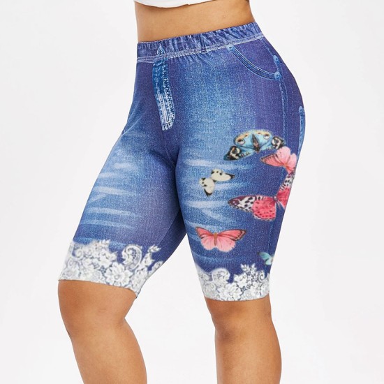 New high -waisted elastic imitation denim color butterfly pattern printing sports yoga shorts fitness women's pants vh3558