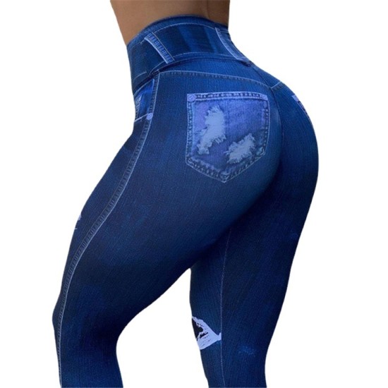 Amazon Europe and the United States new imitation denim high -waisted high elastic fitness training riding sports yoga pants yj663