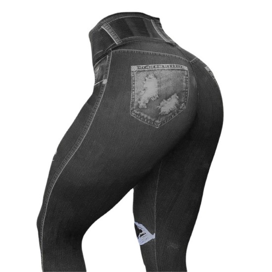 Amazon Europe and the United States new imitation denim high -waisted high elastic fitness training riding sports yoga pants yj663