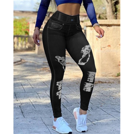 Amazon Europe and the United States new imitation denim high -waisted high elastic fitness training riding sports yoga pants yj663