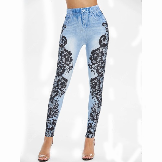 New women's digital printing European and American sports yoga pants imitation denim wholesale yj2525