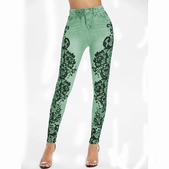 New women's digital printing European and American sports yoga pants imitation denim wholesale yj2525