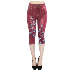 SpeedSmocks new European and American trend imitation denim printed yoga cropped pants small feet pants yj083