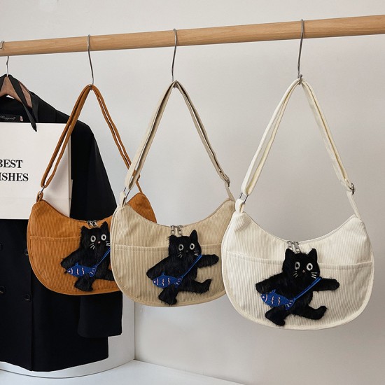 Cartoon Cat Girl Velvet Crossbody Bag Cute Soft Girl Bag Female Simple and Permanent Leisure Dumpling Bag Foreign Trade