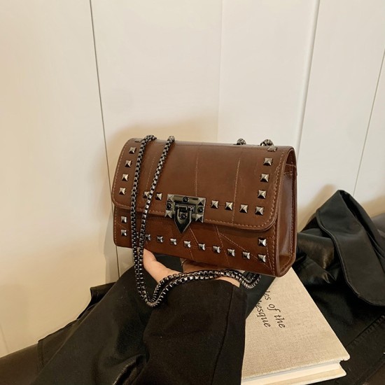 Retro stitching rivet small square bag female 2024 new fashion personality trendy foreign gas -shoulder messenger bag women's bag