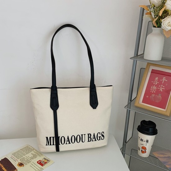 Cross -border large -capacity Tot bag 2024 New canvas bag shoulder bag versatile contrasting color commuting bag class bag