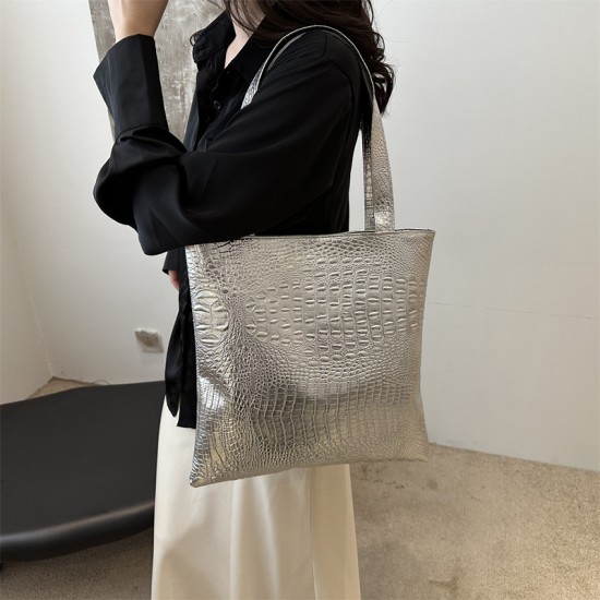 Crocodile pattern large -capacity Tot bag female 2024 autumn new trend fashion solid color shoulder bucket bag