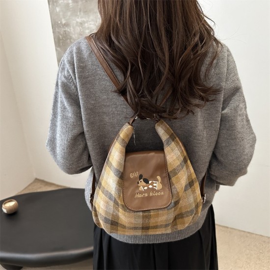 Korean cartoon puppy backpack female 2024 new college grid tades bag versatile large -capacity commute shoulder bag