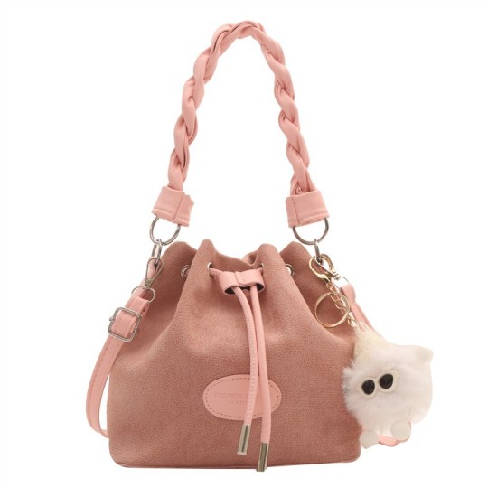 Pumping rope bucket bag 2024 new retro fashion foreign qi qi qi buns frosted texture ladies shoulder shoulder