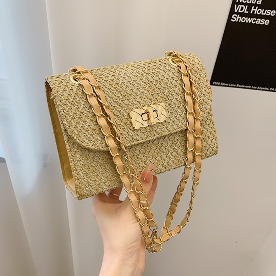 Summer new straw casual messenger bag trend chain lock simple shoulder bag personality beach texture women's bag