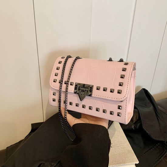 Retro stitching rivet small square bag female 2024 new fashion personality trendy foreign gas -shoulder messenger bag women's bag