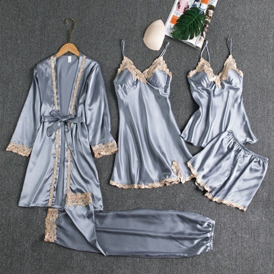 Foreign trade cross -border new pajamas with chest pads silk sexy suspender gold flower five -piece pajamas thin home service