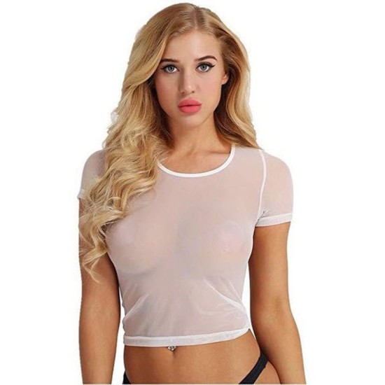 European and American sexy transparent professional temptation medium long shirt short -sleeved mesh home women's pajamas sex underwear women