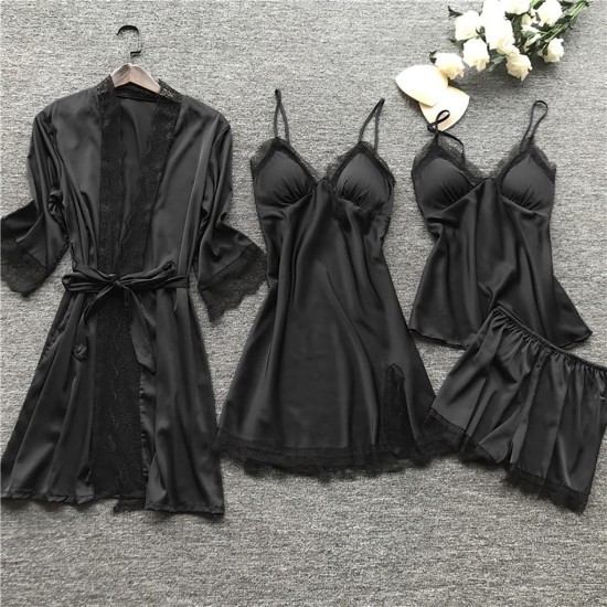 Cross -border pajamas Female sexy pajamas Four -piece Korean suspender pajamas Female home clothes with chest pads pajamas 2103