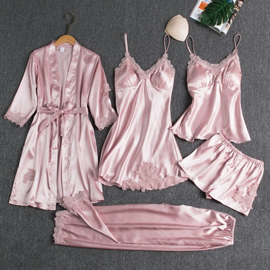 Pajamas female Xia Bingshi sexy hot home service spring and autumn long -sleeved thin large size cross -border five -piece suit bathrobe