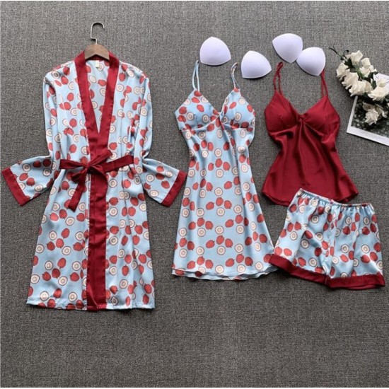 New sexy European and American family large -size residence printed four -piece fashion comfortable lace lace pajamas set 2023