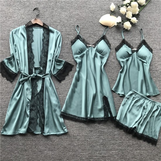 Cross -border pajamas Female sexy pajamas Four -piece Korean suspender pajamas Female home clothes with chest pads pajamas 2103