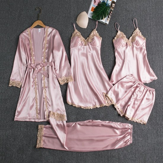 Foreign trade cross -border new pajamas with chest pads silk sexy suspender gold flower five -piece pajamas thin home service