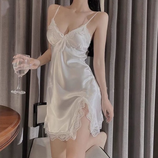 Spring and summer new private room lace sexy sleeping female satin chiffon suspender nightdress hot temptation home service pure desire