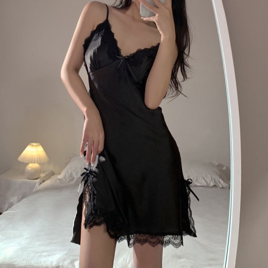 Spring and summer new private room lace sexy sleeping female satin chiffon suspender nightdress hot temptation home service pure desire