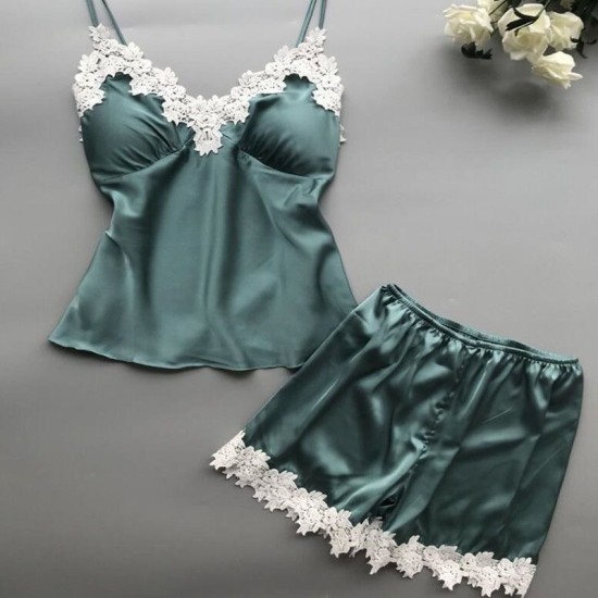 European and American pajamas lace two -piece newly wholesale new simulation silk home clothing set female large size girl summer loose