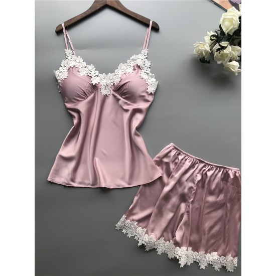 European and American pajamas lace two -piece newly wholesale new simulation silk home clothing set female large size girl summer loose