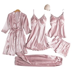 Pajamas female Xia Bingshi sexy hot home service spring and autumn long -sleeved thin large size cross -border five -piece suit bathrobe