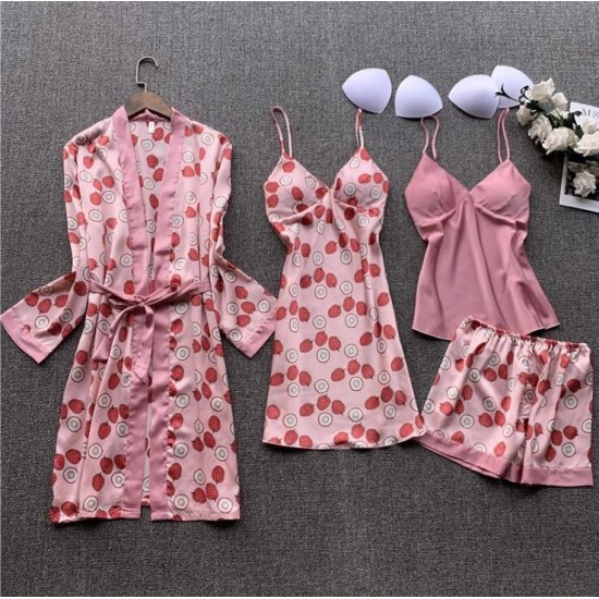 New sexy European and American family large -size residence printed four -piece fashion comfortable lace lace pajamas set 2023