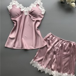 European and American pajamas lace two -piece newly wholesale new simulation silk home clothing set female large size girl summer loose