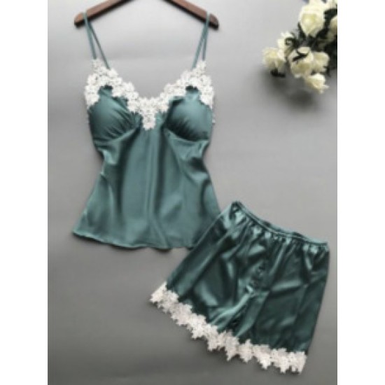 European and American pajamas lace two -piece newly wholesale new simulation silk home clothing set female large size girl summer loose