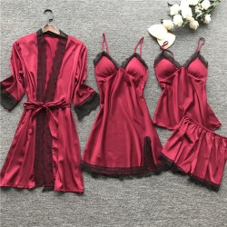 Cross -border pajamas Female sexy pajamas Four -piece Korean suspender pajamas Female home clothes with chest pads pajamas 2103