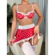 European and American cross -border sexy uniforms sexy underwear lace print seductive wave dot skirt, thong pants, bra, three pieces