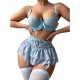 European and American cross -border sexy uniforms sexy underwear lace printed see -through temptation skirt and thong pants bra, three pieces